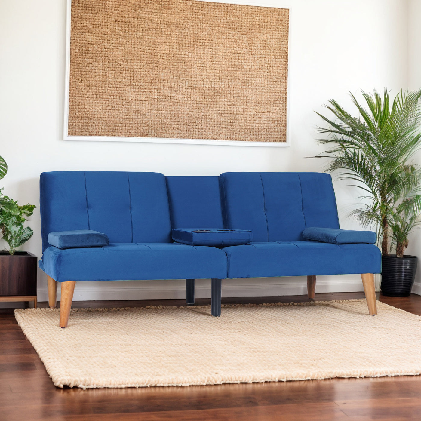 Modern Velvet Upholstered Futon Sofa Bed With 2 Cup Holders For Living Room