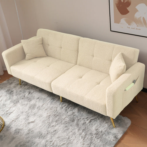 The Sofa Bed Has A Bed Function, Three Adjustable Backrest Angles, Gold Legs, Cushions And Side Storage Pockets.