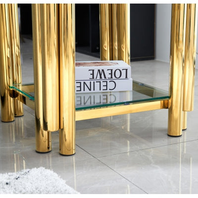 Modern Stainless Steel Coffee Table Set  Set Of 2, Double-Layer Clear Tempered Glass Table Top, Coffee Table  End Side Table 2-Pieces Sets For Living Room Home Office