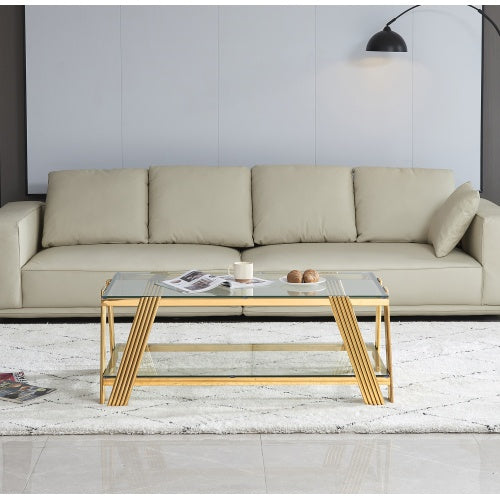 47 Wide Rectangle Modern Stainless Steel Coffee Table, Double-Layer Clear Tempered Glass Coffee Table, Center Table With Storage, For Living Room Home Office, Easy Assembly