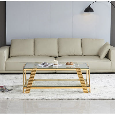 47 Wide Rectangle Modern Stainless Steel Coffee Table, Double-Layer Clear Tempered Glass Coffee Table, Center Table With Storage, For Living Room Home Office, Easy Assembly