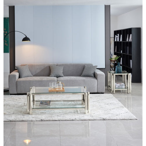 Modern Stainless Steel Coffee Table Set  Set Of 2, Double-Layer Clear Tempered Glass Table Top, Coffee Table  End Side Table 2-Pieces Sets For Living Room Home Office