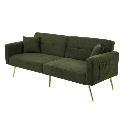 The Sofa Bed Has A Bed Function, Three Adjustable Backrest Angles, Gold Legs, Cushions And Side Storage Pockets.