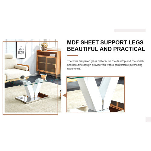 Modern Minimalist Coffee Table. Transparent Tempered Glass Tabletop With Silver MDF Pillars. Suitable For Living Room And Dining Room