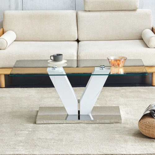 Modern Minimalist Coffee Table. Transparent Tempered Glass Tabletop With Silver MDF Pillars. Suitable For Living Room And Dining Room
