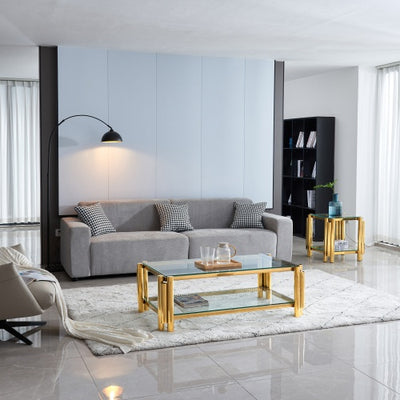 Modern Stainless Steel Coffee Table Set  Set Of 2, Double-Layer Clear Tempered Glass Table Top, Coffee Table  End Side Table 2-Pieces Sets For Living Room Home Office