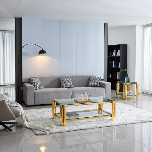 Modern Stainless Steel Coffee Table Set  Set Of 2, Double-Layer Clear Tempered Glass Table Top, Coffee Table  End Side Table 2-Pieces Sets For Living Room Home Office