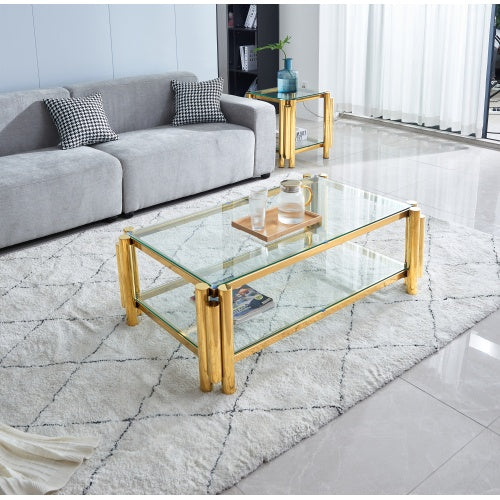 47 Wide Rectangle Modern Stainless Steel Coffee Table, Double-Layer Clear Tempered Glass Coffee Table, Center Table With Storage, For Living Room Home Office, Easy Assembly, Gold