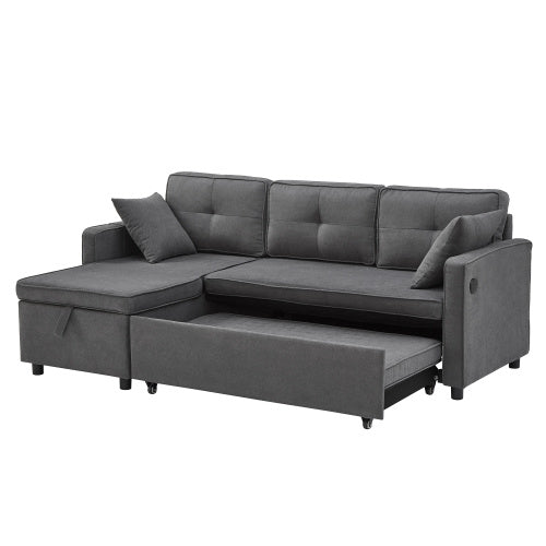 L-Shaped Pull Out Sleep Sofabed, Modern Reversible Sleeper Sectional Sofa, 3 In 1 Convertible Sofa Bed With Storage Chaise, Drop-Down Table, Cup Holders And Charging Ports, Grey