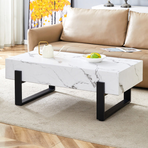 47.2x23.6Black And White Minimalist MDF Marble-Patterned Coffee Table.White Marble Pattern Sticker,Black Metal Leg Spray Coating,MDF Coffee Table.Showcasing A Modern And Simple Style.