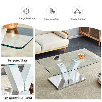 Modern Minimalist Coffee Table. Transparent Tempered Glass Tabletop With Silver MDF Pillars. Suitable For Living Room And Dining Room