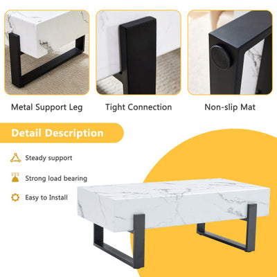 47.2x23.6Black And White Minimalist MDF Marble-Patterned Coffee Table.White Marble Pattern Sticker,Black Metal Leg Spray Coating,MDF Coffee Table.Showcasing A Modern And Simple Style.