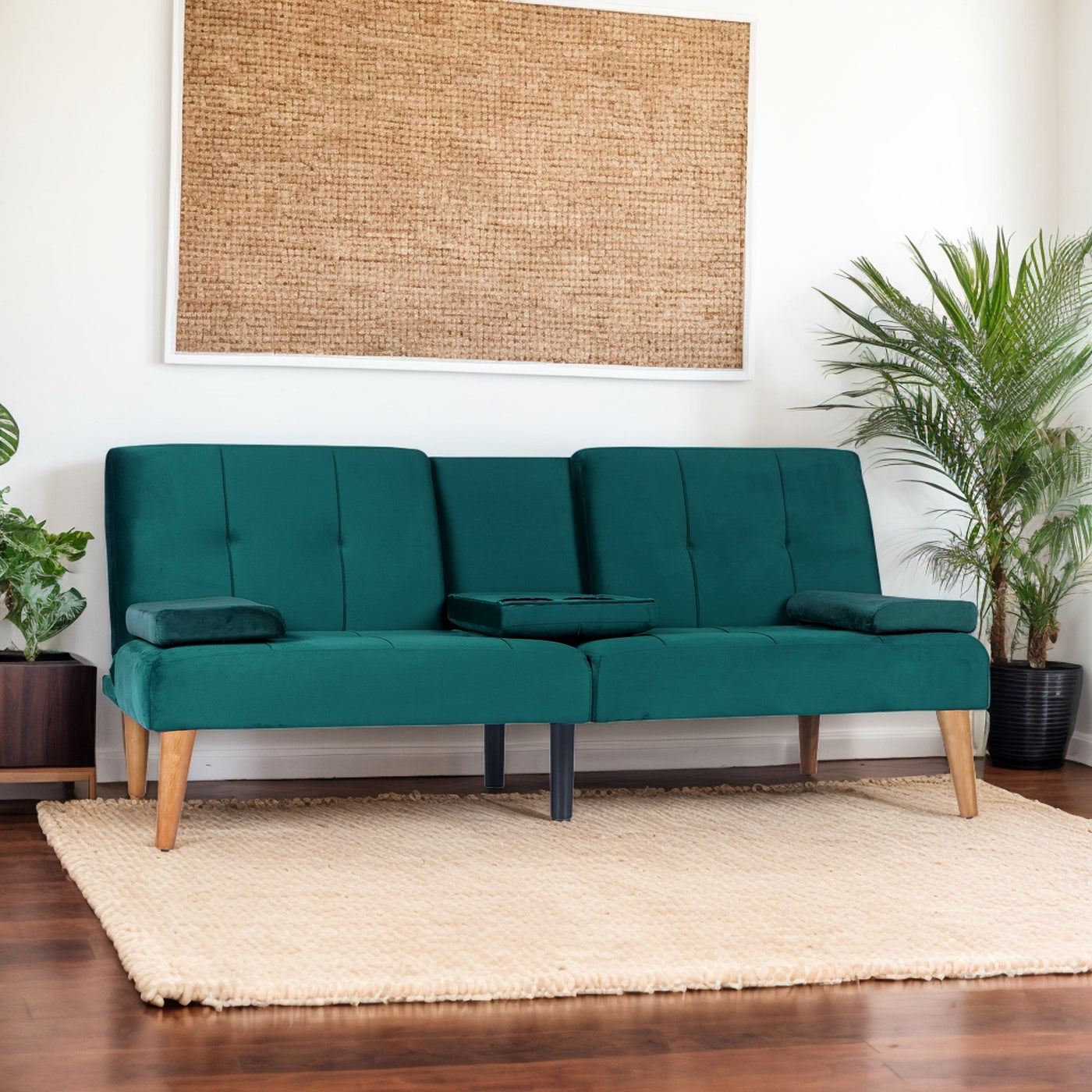 Modern Velvet Upholstered Futon Sofa Bed With 2 Cup Holders For Living Room