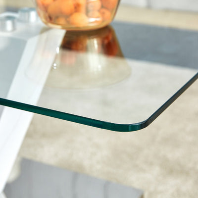 Modern Minimalist Coffee Table. Transparent Tempered Glass Tabletop With Silver MDF Pillars. Suitable For Living Room And Dining Room