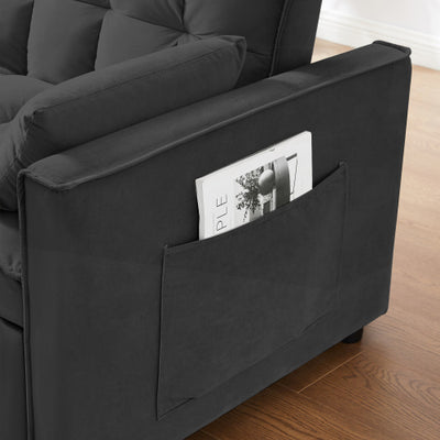 Modern Velvet Loveseat Futon Sofa Couch W  Pullout Bed,Small Love Seat Lounge Sofa W Reclining Backrest,Toss Pillows, Pockets,Furniture For Living Room,3 In 1 Convertible Sleeper Sofa Bed, Black