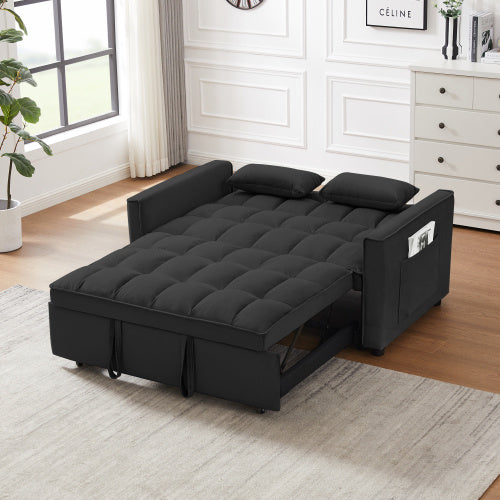 Modern Velvet Loveseat Futon Sofa Couch W Pullout Bed,Small Love Seat Lounge Sofa W Reclining Backrest,Toss Pillows, Pockets,Furniture For Living Room,3 In 1 Convertible Sleeper Sofa Bed, Black