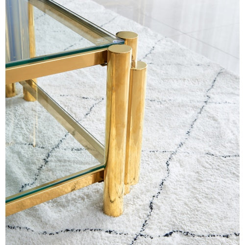 Modern Stainless Steel Coffee Table Set  Set Of 2, Double-Layer Clear Tempered Glass Table Top, Coffee Table  End Side Table 2-Pieces Sets For Living Room Home Office