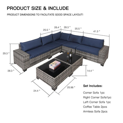 7-Piece Outdoor Patio Furniture Sets, All-Weather Wicker Rattan Sectional Sofa, Modern Two Glass Coffee Table And Washable Seat Cushion