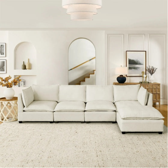 Convertible Sectional Sofa Couch With Ottoman, Cloud Couch 4 Seat L Shaped Sofa With Padded Armrests And Ottoman .Cloud Sofa For Living Room, Apartment And Office, Beige Beige White