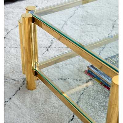 Modern Stainless Steel Coffee Table Set  Set Of 2, Double-Layer Clear Tempered Glass Table Top, Coffee Table  End Side Table 2-Pieces Sets For Living Room Home Office