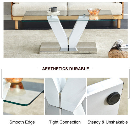 Modern Minimalist Coffee Table. Transparent Tempered Glass Tabletop With Silver MDF Pillars. Suitable For Living Room And Dining Room