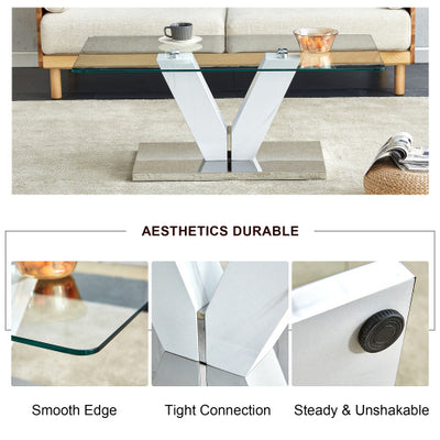 Modern Minimalist Coffee Table. Transparent Tempered Glass Tabletop With Silver MDF Pillars. Suitable For Living Room And Dining Room