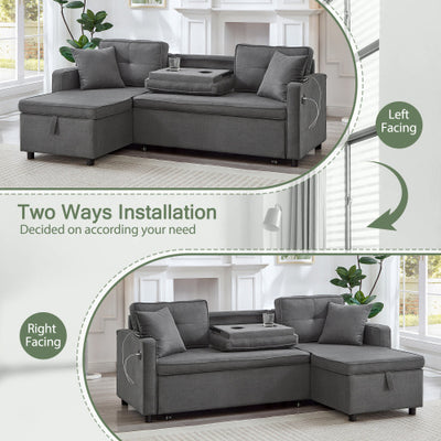 L-Shaped Pull Out Sleep Sofabed, Modern Reversible Sleeper Sectional Sofa, 3 In 1 Convertible Sofa Bed With Storage Chaise, Drop-Down Table, Cup Holders And Charging Ports, Grey