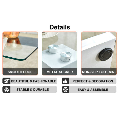 Modern Minimalist Coffee Table. Transparent Tempered Glass Tabletop With Silver MDF Pillars. Suitable For Living Room And Dining Room