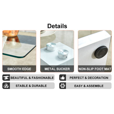 Modern Minimalist Coffee Table. Transparent Tempered Glass Tabletop With Silver MDF Pillars. Suitable For Living Room And Dining Room
