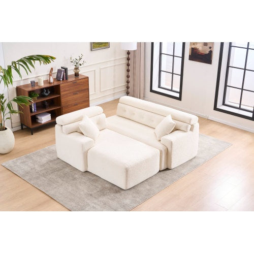 LY-029B WHITE COMPRESSION SOFA Combining Chaise Longue With 3-seater  Wood Grain Chenille Fabric, Full Sponge Compression Sofa,combined Sofa With 2 Pillows For Living Home Furniture