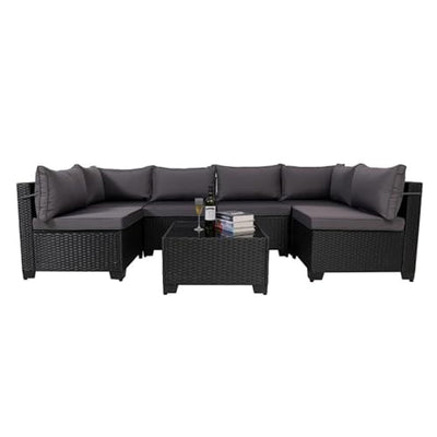 7 Pieces Outdoor Rattan Patio Sectional Set, Black Wicker Furniture Conversation Sets With Washable Cushions & Glass Coffee Table For Garden, Poolside, Backyard