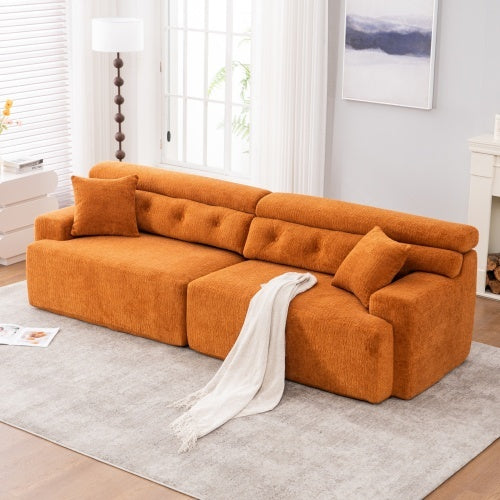LY-029 ORANGE COMPRESSION SOFA 4-seater Combined Sofa, Wood Grain Chenille Fabric, Full Sponge Compression Sofa,combined Sofa With 2 Pillows For Living  Home Furniture  Apartment