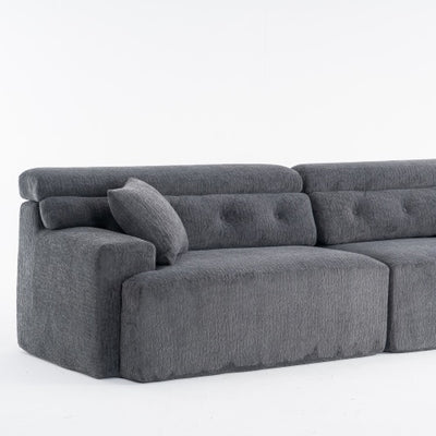 LY-029 GRAY COMPRESSION SOFA 4-seater Combined Sofa, Wood Grain Chenille Fabric, Full Sponge Compression Sofa,combined Sofa With 2 Pillows For Living  Home Furniture  Apartment