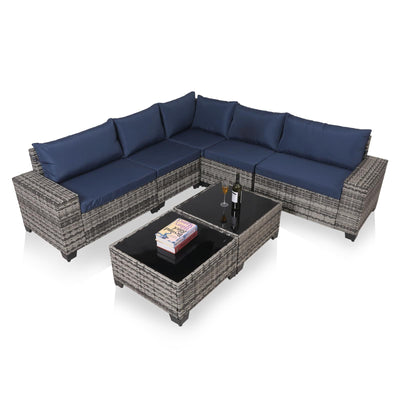 7-Piece Outdoor Patio Furniture Sets, All-Weather Wicker Rattan Sectional Sofa, Modern Two Glass Coffee Table And Washable Seat Cushion