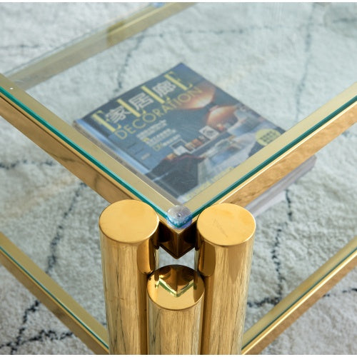 47 Wide Rectangle Modern Stainless Steel Coffee Table, Double-Layer Clear Tempered Glass Coffee Table, Center Table With Storage, For Living Room Home Office, Easy Assembly, Gold