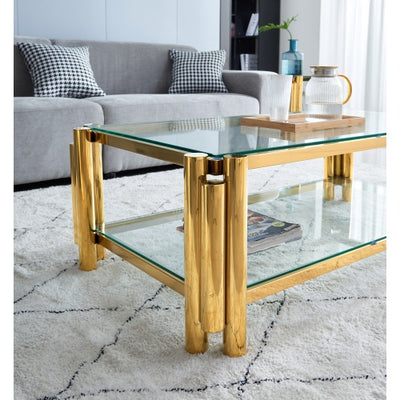 Modern Stainless Steel Coffee Table Set  Set Of 2, Double-Layer Clear Tempered Glass Table Top, Coffee Table  End Side Table 2-Pieces Sets For Living Room Home Office