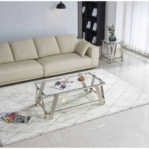 Modern Stainless Steel Coffee Table Set Set Of 2, Double-Layer Clear Tempered Glass Table Top, Coffee Table  End Side Table 2-Pieces Sets For Living Room Home Office, Silver