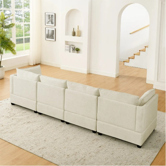 Convertible Sectional Sofa Couch With Ottoman, Cloud Couch 4 Seat L Shaped Sofa With Padded Armrests And Ottoman .Cloud Sofa For Living Room, Apartment And Office, Beige Beige White