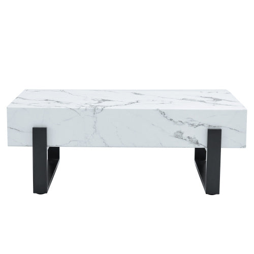 47.2x23.6Black And White Minimalist MDF Marble-Patterned Coffee Table.White Marble Pattern Sticker,Black Metal Leg Spray Coating,MDF Coffee Table.Showcasing A Modern And Simple Style.