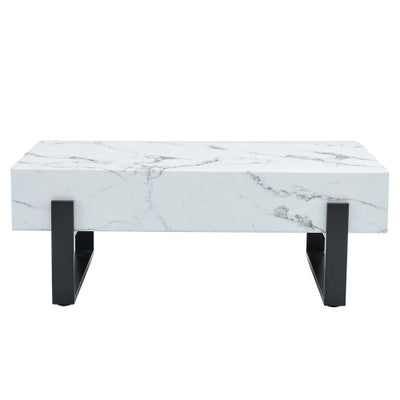 47.2x23.6Black And White Minimalist MDF Marble-Patterned Coffee Table.White Marble Pattern Sticker,Black Metal Leg Spray Coating,MDF Coffee Table.Showcasing A Modern And Simple Style.