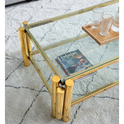 47 Wide Rectangle Modern Stainless Steel Coffee Table, Double-Layer Clear Tempered Glass Coffee Table, Center Table With Storage, For Living Room Home Office, Easy Assembly, Gold
