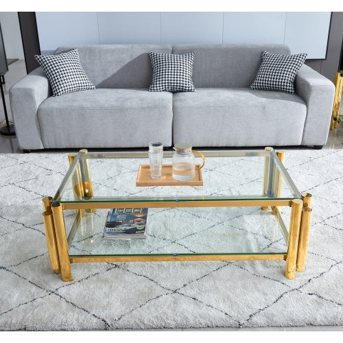 47 Wide Rectangle Modern Stainless Steel Coffee Table, Double-Layer Clear Tempered Glass Coffee Table, Center Table With Storage, For Living Room Home Office, Easy Assembly, Gold