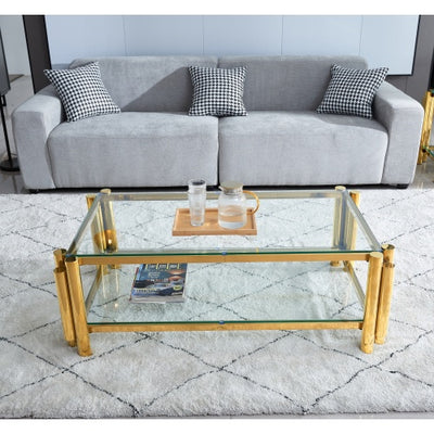 47 Wide Rectangle Modern Stainless Steel Coffee Table, Double-Layer Clear Tempered Glass Coffee Table, Center Table With Storage, For Living Room Home Office, Easy Assembly, Gold