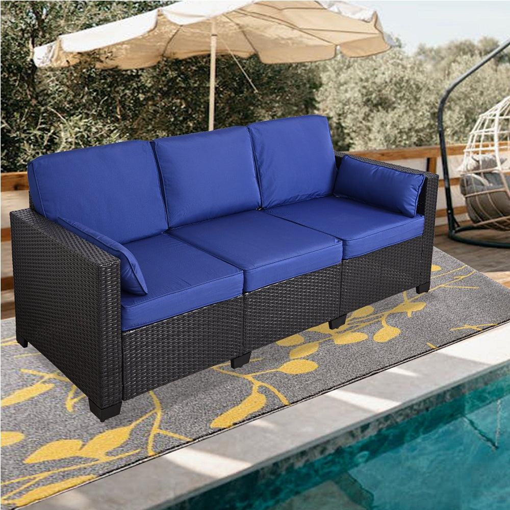 3-Seat Patio Wicker Sofa, Outdoor Rattan Sectional Couch Furniture Steel Frame With Furniture Cover Non-Slip Cushion
