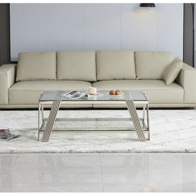 47 Wide Rectangle Modern Stainless Steel Coffee Table, Double-Layer Clear Tempered Glass Coffee Table, Center Table With Storage, For Living Room Home Office, Easy Assembly