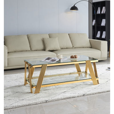 47 Wide Rectangle Modern Stainless Steel Coffee Table, Double-Layer Clear Tempered Glass Coffee Table, Center Table With Storage, For Living Room Home Office, Easy Assembly