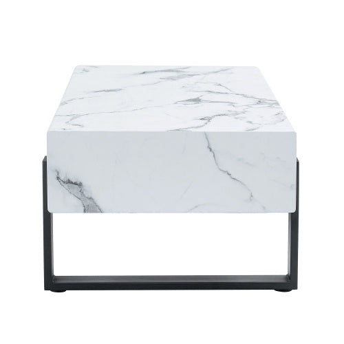 47.2x23.6Black And White Minimalist MDF Marble-Patterned Coffee Table.White Marble Pattern Sticker,Black Metal Leg Spray Coating,MDF Coffee Table.Showcasing A Modern And Simple Style.