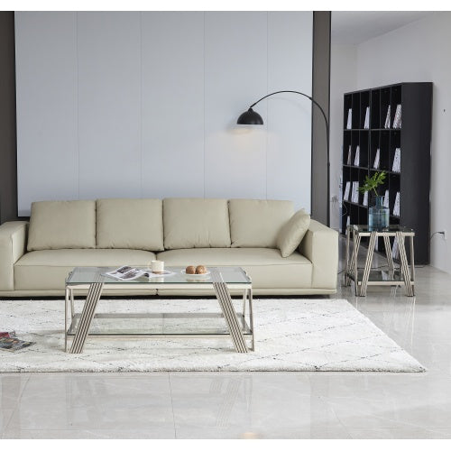 Modern Stainless Steel Coffee Table Set Set Of 2, Double-Layer Clear Tempered Glass Table Top, Coffee Table  End Side Table 2-Pieces Sets For Living Room Home Office, Silver