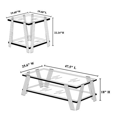 Modern Stainless Steel Coffee Table Set Set Of 2, Double-Layer Clear Tempered Glass Table Top, Coffee Table  End Side Table 2-Pieces Sets For Living Room Home Office, Silver