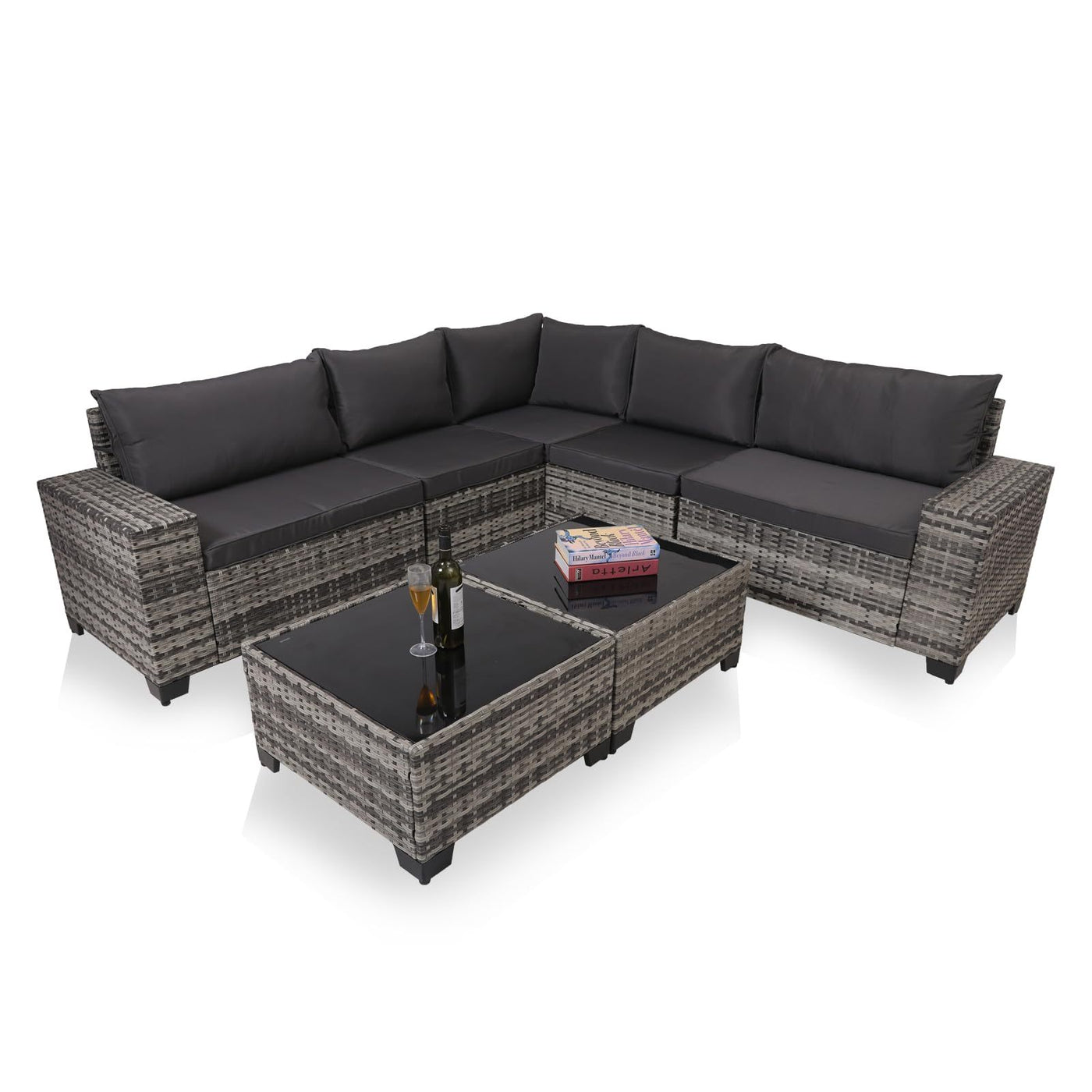 7-Piece Outdoor Patio Furniture Sets, All-Weather Wicker Rattan Sectional Sofa, Modern Two Glass Coffee Table And Washable Seat Cushion